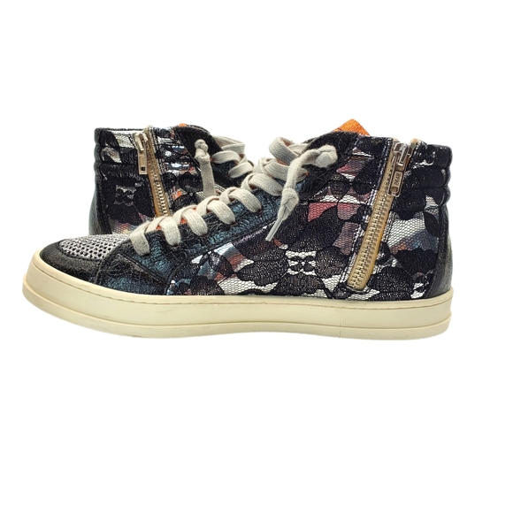 P448 Silver Leather and Black Lace Metallic Fashion High Tops - Picture 6 of 14